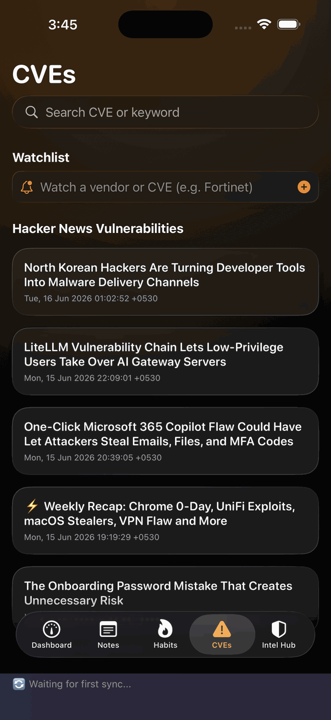 SecNote CVE search with a vendor watchlist of live NVD results