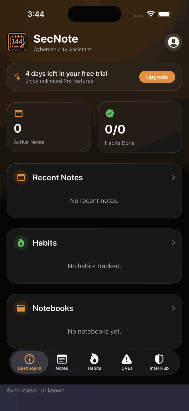 SecNote dashboard showing active notes and habit summary in a Liquid Glass design