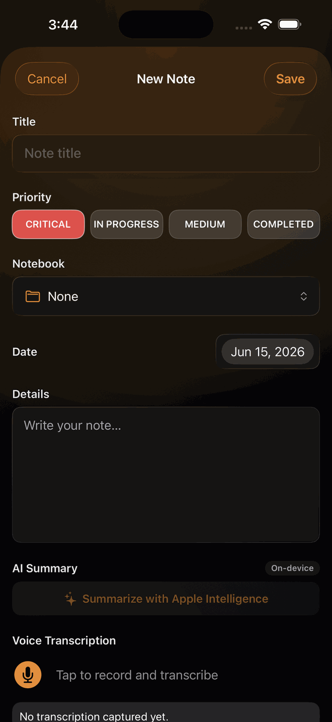 SecNote note editor with on-device Apple Intelligence summary and voice transcription
